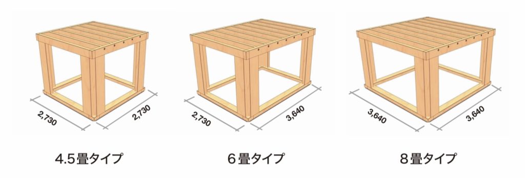 木質耐震シェルター　３つのタイプ　4.5畳タイプ　6畳タイプ　8畳タイプ