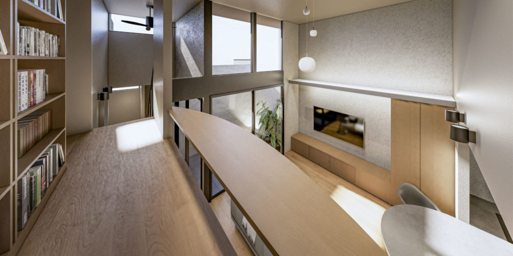 各務原市 ガレージハウス 2階のフリースペースからリビングを眺める