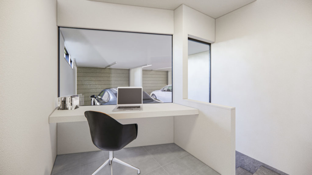 岐阜県関市 平屋のガレージハウス 書斎からガレージを眺める