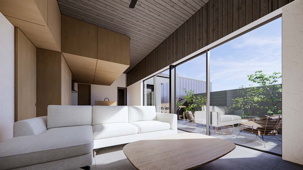 愛知県稲沢市 店舗併用ガレージハウス プライバシーが確保された中庭とつながるリビング空間